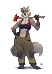  2019 4_toes 5_fingers abs anthro athletic athletic_anthro athletic_female avoid_posting axe barefoot black_nose bottomwear bra breasts canid canine claws cleavage clothed clothing countershade_face countershade_torso countershading digital_media_(artwork) feet female fingers fire_axe firefighter fur furrybob grey_body grey_fur hair hand_on_hip hi_res holding_axe holding_object holding_weapon looking_at_viewer luna_(grizzlygus) mammal melee_weapon navel pants simple_background smile solo sports_bra standing suspenders toe_claws toes turnout_gear underwear weapon weapon_over_shoulder white_background 