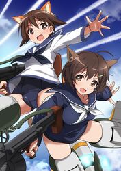  2girls :d animal_ear_fluff animal_ears ass_visible_through_thighs blue_neckwear blue_one-piece_swimsuit blue_sailor_collar blue_shirt brave_witches brown_eyes brown_hair cloud collarbone commentary contrail crotch dog_ears dog_girl dog_tail drum_magazine flying gun hair_ornament hairclip highres holding holding_weapon karibuchi_hikari long_sleeves looking_at_viewer machine_gun magazine_(weapon) miyafuji_yoshika multiple_girls neckerchief one-piece_swimsuit open_mouth outstretched_arm sailor_collar school_swimsuit school_uniform serafuku shirt short_hair sky smile squirrel_ears squirrel_girl squirrel_tail strike_witches striker_unit swimsuit tail thighs tricky_46 type_99_cannon weapon white_neckerchief white_shirt world_witches_series 