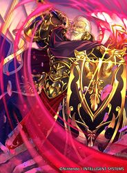  1boy armor armored_boots axe beard boots cape commentary_request facial_hair fire_emblem fire_emblem:_genealogy_of_the_holy_war fire_emblem_cipher gloves helswath lombard_(fire_emblem) male_focus official_art shield solo teeth white_hair yoneko_okome 