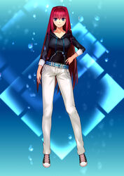  absurdres aozaki_aoko belt black_hoodie blue_eyes blush casual commentary_request contrapposto cqqz0707 fate/extra fate_(series) female hair_between_eyes hand_on_own_hip highres hood hoodie long_hair looking_at_viewer pants photoshop_(medium) red_hair shoes smile sneakers solo very_long_hair water_drop white_pants 