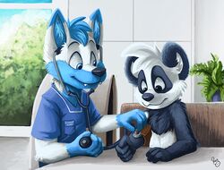  2020 4_fingers anthro arctic_wolf bear black_nose blood_pressure_cuff blue_paws blue_sky canid canine canis chest_tuft clothing detailed_background digital_media_(artwork) duo english_text fingers fist fur giant_panda head_tuft holding_stethoscope inflation_bulb inside looking_down male mammal medical_instrument multicolored_body multicolored_fur nurse nurse_clothing nurse_uniform pandapaco parinton patient plant rocky_(rockythearcticwolf) scientific_instrument scrubs signature sitting sky sphygmomanometer standing stethoscope text topwear tuft two_tone_body two_tone_fur uniform window wolf 