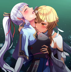  2girls armor bare_shoulders blush breastplate closed_eyes commentary_request dress fingerless_gloves flower genshin_impact gloves hair_flower hair_ornament half-closed_eyes highres japanese_clothes kamisato_ayaka kissing kissing_neck lumine_(genshin_impact) multiple_girls open_mouth ponytail short_sleeves sidelocks sweat vambraces yellow_eyes yozu_(yozu0420) yuri 