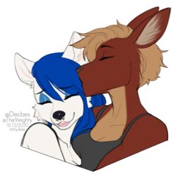  2020 anthro black_nose blue_hair brown_hair canid canine canis charlene_(pearlhead) chelsea_(pearlhead) clothed clothing digital_media_(artwork) duo female female/female hair kangaroo kittydee macropod mammal marsupial open_mouth romantic romantic_couple smile teeth tongue wolf 