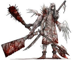  ankle_cuffs armor asymmetrical_arms asymmetrical_wings axe bandaged_head bandages barefoot blood blood_on_clothes blood_on_weapon blood_stain chains chipped_sword cleaver cloak club_(weapon) collar commentary_request extra_arms eyepatch full_body holding holding_axe holding_knife holding_weapon hood hospital_gown kankan33333 knife looking_at_viewer multiple_weapons one_eye_covered original shoulder_armor solo spiked_club standing stitches sword sword_behind_back triple_wielding weapon white_wings wings yellow_eyes 