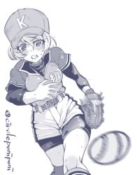  absurdres baseball_cap baseball_mitt belt bike_shorts bike_shorts_under_shorts commentary_request female frown girls_und_panzer grimace hat highres inoue_yoshihisa layered_sleeves long_sleeves looking_at_viewer monochrome motion_blur partial_commentary purple_theme shirt short_hair short_over_long_sleeves short_sleeves shorts socks softball softball_uniform solo sportswear standing sweat thigh_gap twitter_username youko_(girls_und_panzer) 