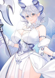  breasts cleavage demon_girl demon_horns demon_wings dress duel_monster female gloves grey_eyes grey_hair highres horns large_breasts looking_at_viewer lovely_labrynth_of_the_silver_castle low_wings multiple_wings pointy_ears smile solo transparent_wings twintails vulture_(washizu0808) weapon white_gloves white_hair white_horns wings yu-gi-oh! 