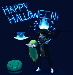  2020 axe_over_shoulder blue_eyes candy clothing costume cybernetics cyborg dessert disembodied_head dullahan eating_candy english_text european_mythology female fire flaming_neck food gardevoir generation_3_pokemon green_hair hair hair_over_eye halloween halloween_costume happy_halloween hi_res holidays humanoid irish_mythology jack-o&#039;-lantern kamina_(kordcross) kordcross long_hair machine mythology nintendo not_furry one_eye_obstructed pokemon pokemon_(species) solo text tron_clothing weapon_on_shoulder 