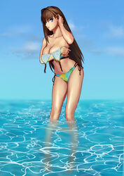  absurdres aozaki_aoko bikini blue_eyes blue_sky breast_hold breasts brown_hair cleavage cloud commentary_request cqqz0707 day female hair_between_eyes hand_in_own_hair highres long_hair looking_at_viewer mahou_tsukai_no_yoru medium_breasts multi-strapped_bikini navel reflection side-tie_bikini_bottom sky solo swimsuit thighs unworn_bikini_top very_long_hair wading water wet 