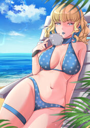  alternate_costume bare_shoulders beach beach_chair bikini blonde_hair blue_bikini blue_eyes blue_hair blue_hairband blue_lips breasts colored_inner_hair constance_von_nuvelle female fire_emblem fire_emblem:_three_houses hairband hand_fan holding holding_fan lipstick makeup medium_breasts multicolored_hair navel ocean outdoors polka_dot polka_dot_bikini rinku_bny solo swimsuit thigh_strap two-tone_hair 