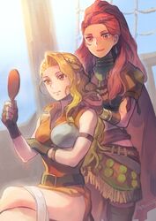  2girls alternate_hairstyle belt belt_buckle blonde_hair braid braiding_hair brigid_(fire_emblem) buckle closed_mouth commentary_request commission crossed_legs earrings fingerless_gloves fire_emblem fire_emblem:_genealogy_of_the_holy_war fire_emblem:_three_houses gloves hair_pulled_back hairdressing highres holding jewelry long_hair mirror multiple_girls orange_eyes petra_macneary picnicic pink_eyes purple_hair ship sitting skirt smile standing watercraft 