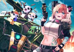  aliasing animal aqua_eyes bear borderlands borderlands_2 brown_hair car claptrap clouds gloves goggles gun original panda robot saruei short_hair shorts sky tattoo twitch weapon 