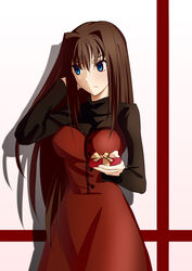  absurdres aozaki_aoko blue_eyes box breasts brown_hair casual commentary_request cqqz0707 dress female gift gift_box hair_ornament hand_in_own_hair highres layered_clothes long_hair looking_away mahou_tsukai_no_yoru medium_breasts red_dress shadow solo striped vertical_stripes white_background 