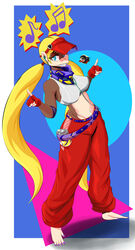  absurd_res alternative_fashion anthro belt capcom clothing cosplay donkey_kong_(series) electronics feet female fingerless_gloves ganguro_(fashion) gloves gyaru hair handwear haplorhine hat headgear headphones headwear hi_res j-fashion jngart kimberly_(street_fighter) looking_at_viewer mammal manba_(fashion) midriff monkey musical_note nintendo prehensile_feet primate rock_gyaru simple_background smile solo spray_can street_fighter street_fighter_6 tiny_kong toes twintails visor_cap y2k_(fashion) 