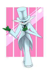  2021 3_fingers bowing classy clothing fingers gallade generation_4_pokemon green_body hat headgear headwear hi_res humanoid kordcross male nintendo not_furry one_eye_closed pink_background pokemon pokemon_(species) red_eyes signature simple_background sir_gallade solo suit top_hat 