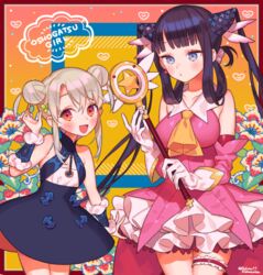  2girls bare_shoulders black_hair blonde_hair blush breasts cosplay costume_switch fate/grand_order fate/kaleid_liner_prisma_illya fate_(series) gloves hair_between_eyes hair_ornament hairclip illyasviel_von_einzbern long_hair looking_at_viewer magical_girl magical_ruby multiple_girls open_mouth prisma_illya prisma_illya_(cosplay) red_eyes sara_(kurome1127) skirt small_breasts smile thighhighs twintails white_hair yang_guifei_(fate) yang_guifei_(fate)_(cosplay) yang_guifei_(first_ascension)_(fate) 