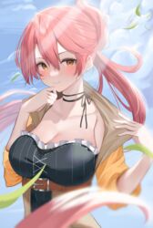  absurdres bad_id bad_pixiv_id blush breasts brown_eyes choker cleavage collarbone commentary_request commission daily_(daily178900) eiyuu_densetsu female frills highres large_breasts long_hair looking_at_viewer partial_commentary pink_hair pixiv_commission ribbon ribbon_choker sara_valestein sen_no_kiseki smile solo upper_body 