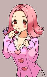  :3 april_may blush breasts buttons cleavage female finger_to_mouth flipped_hair formal grey_background gyakuten_saiban heart_button highres jacket large_breasts long_sleeves looking_at_viewer numae_kaeru open_mouth phoenix_wright:_ace_attorney pink_eyes pink_hair pink_jacket red_eyes shirt short_hair simple_background solo suit 