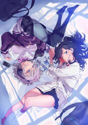  2girls :3 backpack bag bare_legs bed_sheet black_hair black_pantyhose black_skirt blue_eyes bow bowtie breasts cardigan cellphone closed_mouth commentary cracked_screen digital_media_player earbuds earphones from_above full_body glasses gridman_universe headphones highres holding_hands indoors jacket kojima_hirokazu light_purple_hair looking_at_viewer lying medium_breasts medium_hair miniskirt multiple_girls official_art on_side pantyhose parted_lips partially_unzipped phone pink-framed_eyewear pleated_skirt purple_bow purple_bowtie purple_eyes purple_jacket red_footwear rotational_symmetry school_bag school_uniform scrunchie semi-rimless_eyewear shinjou_akane shirt short_hair skirt smartphone smile socks ssss.gridman sunlight takarada_rikka thighs unworn_backpack unworn_bag upside-down white_cardigan white_shirt wrist_scrunchie 