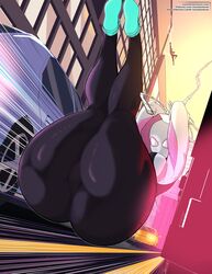  1boy absurdres ass ass_focus bodysuit breasts female highres hood hood_down hooded_bodysuit hoodie huge_ass laundrymom marvel mask medium_breasts shoes silk skin_tight sneakers solo_focus spider-gwen spider-man:_across_the_spider-verse spider-man_(miles_morales) spider-man_(series) spider-verse spider_web spider_web_print superhero_costume swinging thick_thighs thighs trefoil 