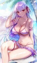  absurdres bare_shoulders bikini blush breasts cleavage crossed_legs earrings fate/grand_order fate_(series) female frilled_bikini frills hair_ribbon highres jewelry kama_(fate) katase_bono large_breasts long_hair looking_at_viewer navel outdoors parted_lips red_eyes ribbon smile solo stomach swimsuit thighs white_hair 