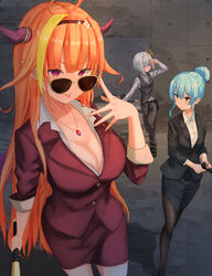  3girls 6mint absurdres adjusting_eyewear ahoge alternate_costume amane_kanata baseball_bat black_jacket black_pantyhose black_skirt blazer blonde_hair blue_eyes blue_hair blush breasts business_suit cleavage collared_shirt colored_inner_hair commentary dragon_girl dragon_horns finger_on_eyewear formal grey_hair gun hair_between_eyes hair_bun hairband highres holding holding_baseball_bat holding_gun holding_weapon hololive horns hoshimachi_suisei jacket jewelry kiryu_coco large_breasts long_hair looking_at_viewer looking_over_eyewear medium_hair multicolored_hair multiple_girls necklace open_clothes open_shirt orange_hair pants pantyhose pencil_skirt pink_hair pointy_ears purple_eyes red_jacket red_skirt shirt short_hair shuriken sidelocks single_hair_bun skirt sleeves_rolled_up small_breasts star_(symbol) star_in_eye streaked_hair suit suit_jacket sunglasses symbol-only_commentary symbol_in_eye tinted_eyewear tongue tongue_out vest virtual_youtuber weapon 