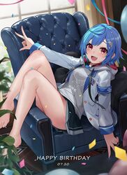  absurdres armchair bare_legs barefoot blue_hair blush chair confetti dolphin_hair_ornament female full_body grey_hoodie happy_birthday highres hood hood_down hoodie jacket kaguya_(srx61800) legs long_sleeves looking_at_viewer lying miniskirt nijisanji nishizono_chigusa nishizono_chigusa_(1st_costume) oerba_yun_fang on_back on_chair open_clothes open_jacket open_mouth pillow print_hoodie red_eyes school_uniform selene_girls_school_uniform short_hair sidelocks skin_fang skirt smile solo thighs v virtual_youtuber w white_jacket 