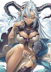  breasts cleavage closed_mouth dark-skinned_female dark_skin detached_sleeves dragon_horns draph fang_out fediel_(granblue_fantasy) female granblue_fantasy green_ribbons grey_hair hair_between_eyes highres horn_ornament horn_ribbon horns large_breasts lips long_hair looking_at_viewer navel oerba_yun_fang one_eye_closed purple_eyes revealing_clothes ribbon sitting smile solo thighs very_long_hair yuiko_(yuiyuiko_108) 