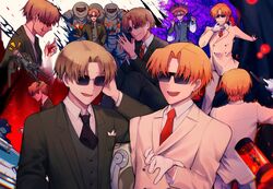  black_necktie blonde_hair c8hiino2 closed_mouth fate/grand_order fate_(series) formal gloves highres long_sleeves male_focus maxwell&#039;s_demon_(fate) necktie red_necktie shirt short_hair smile suit sunglasses upper_body waistcoat 