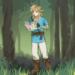  1:1 2022 blonde_hair blue_eyes boots clothing fingerless_gloves footwear gloves grass hair handwear humanoid humanoid_pointy_ears hylian light_body light_skin link magazine monbetsu_kuniharu nintendo not_furry plant solo the_legend_of_zelda tree 