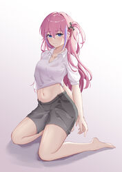  absurdres alternate_costume arms_behind_back bad_id bad_pixiv_id barefoot blue_eyes blush breasts chinese_commentary closed_mouth collarbone female full_body girls&#039;_frontline grey_shorts highres legs long_hair looking_at_viewer navel on_floor one_smoke pink_hair shirt short_sleeves shorts side_ponytail small_breasts solo st_ar-15_(girls&#039;_frontline) white_background white_shirt 