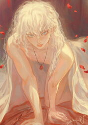  1boy absurdres all_fours bed bed_sheet behelit berserk blanket blue_eyes closed_mouth commentary_request dated falling_petals griffith_(berserk) highres jewelry long_hair looking_at_viewer male_focus momoyuk2 naked_sheet necklace nude on_bed petals solo under_covers wavy_hair white_hair 