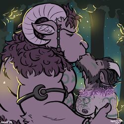  1:1 anthro barazoku beard body_hair bodypaint bovid caprine chest_hair duo facial_hair faun forest goat hi_res horn human kissing male male/male mammal nanoff plant ritual side_view size_difference species_transformation transformation transformation_through_kiss tree 