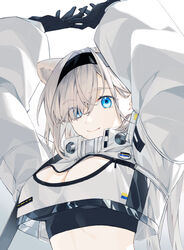  arknights arms_up aurora_(arknights) beard black_gloves black_hairband black_sports_bra blue_eyes breasts chinese_commentary cleavage closed_mouth commentary crop_top crop_top_overhang eyes_visible_through_hair facial_hair female gloves hair_over_one_eye hairband highres idass_(idass16) large_breasts long_hair long_sleeves looking_at_viewer puffy_long_sleeves puffy_sleeves simple_background smile solo sports_bra upper_body white_background white_hair 