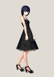  absurdres black_dress black_eyes black_hair commentary_request cqqz0707 dress dress_grab female hair_between_eyes highres kuonji_alice looking_at_viewer mahou_tsukai_no_yoru shadow short_hair solo toeless_footwear white_background 