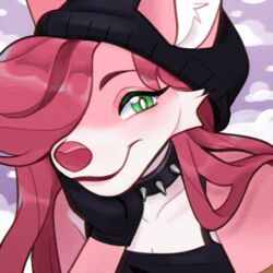  1:1 anthro beanie breasts bubblegum_fasani canid canine charmsey cleavage clothed clothing cloud collar female fur gloves green_eyes hair hair_over_eye handwear hat headgear headwear mammal one_eye_obstructed pink_body pink_fur pink_hair pink_nose smile solo space_station_13 spiked_collar spikes 