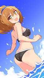  ass azure_striker_gunvolt back bikini black_bikini blue_hairband blue_sky breasts brown_eyes brown_hair cloud commentary cougar_(cougar1404) cowboy_shot day dutch_angle female from_behind gunvolt_chronicles_luminous_avenger_ix hairband kohaku_(gunvolt) looking_at_viewer looking_back medium_breasts medium_hair outdoors sky solo splashing strapless strapless_bikini swimsuit wading water wet 