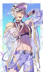  1boy black_hair blade_(nu_carnival) blue_nails confetti crop_top highres holding holding_microphone idol korean_commentary long_sleeves looking_at_viewer male_focus microphone multicolored_hair nail_polish navel nu_carnival official_alternate_costume pectorals purple_eyes see-through see-through_sleeves sharp_teeth short_hair slit_pupils smile solo streaked_hair teeth v white_hair yoture23 