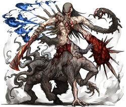  1other arm_blade armor bandaged_arm bandages black_hair blood blood_on_weapon blood_stain blue_fire bug centauroid centipede claws commentary_request covered_face dust extra_arms extra_eyes fire full_body fur gorilla_hand hooves horse_legs kankan33333 long_hair monster open_mouth original shoulder_armor simple_background solo spikes steam stitches taur teeth tentacle tube weapon white_background 