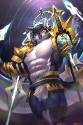  2:3 absurd_res anthro archermagnum armor big_muscles black_body blue_hair canid canine canis detailed_background hair hi_res male mammal muscular muscular_anthro muscular_male solo space vorusuarts weapon white_body wolf 