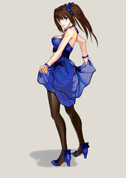  absurdres aozaki_aoko back-seamed_legwear blue_bracelet blue_dress blue_eyes blue_footwear blush bracelet breasts brown_hair commentary_request cqqz0707 dress female from_behind hair_between_eyes high_heels highres jewelry looking_at_viewer looking_back mahou_tsukai_no_yoru medium_breasts pantyhose parted_lips seamed_legwear shadow side_ponytail solo white_background 