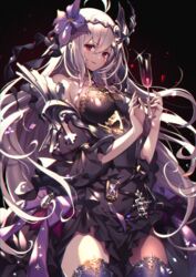  armor armored_dress bad_id bad_pixiv_id bare_shoulders belt black_dress blush bow braid breasts cup dark_jeanne diadem dress drinking_glass female flower granblue_fantasy hair_between_eyes hair_flower hair_ornament halterneck highres homaderi jeanne_d&#039;arc_(granblue_fantasy) large_breasts long_hair looking_at_viewer open_mouth purple_bow purple_legwear red_eyes smile solo sparkle thighs twin_braids very_long_hair white_hair 