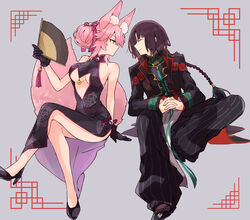  1boy animal_ears baggy_pants black_gloves black_hair braid breasts center_opening china_dress chinese_clothes closed_eyes commentary crossed_legs dress fate/grand_order fate_(series) female fingers_together folding_fan fox_ears fox_tail gloves hair_bun hand_fan highres kak_hac koyanskaya_(chinese_lostbelt_outfit)_(fate) koyanskaya_(fate) large_breasts pants pink_hair single_hair_bun sitting smile symbol-only_commentary tai_gong_wang_(fate) tail tamamo_(fate) underboob 