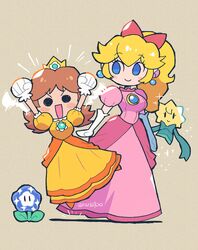  1other 2girls :d absurdres arms_up blue_eyes clenched_hands closed_mouth commentary_request dress earrings flipped_hair frilled_gloves frills gloves highres jewelry long_dress looking_at_viewer mario_(series) multiple_girls orange_footwear power-up princess_daisy princess_peach princess_peach:_showtime! puffy_short_sleeves puffy_sleeves rariatto_(ganguri) short_sleeves simple_background smile sphere_earrings stella_(peach) super_mario_bros._wonder white_gloves wonder_flower 