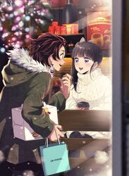  1boy bag blush butterfly_hair_ornament cafe christmas coat couple cup earrings eye_contact female glass hair_ornament jacket jewelry kamado_tanjirou kimetsu_no_yaiba long_sleeves looking_at_another open_mouth purple_eyes purple_hair red_hair san_mon shopping_bag side_ponytail smile straight sweater tsuyuri_kanao turtleneck turtleneck_sweater winter_clothes winter_coat 