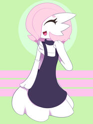  2020 3_fingers circle_eyebrows closed_eyes eyebrows female fingers gardevoir generation_3_pokemon green_background hair hair_over_eye hand_on_chest happy hi_res humanoid kordcross maid_apron nintendo not_furry one_eye_obstructed pink_hair pokemon pokemon_(species) simple_background smile solo 