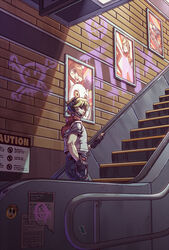  1boy belt blonde_hair denim escalator expressionless ezreal gloves graffiti headphones highres holding holding_phone jeans league_of_legends male_focus pants phone poster_(object) railing sanatorium_industries shirt short_hair solo stairs standing t-shirt vest 