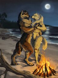  2025 4_toes 5_fingers anthro arm_around_back arm_around_partner artist_logo artist_name athletic athletic_anthro athletic_female beach black_body black_claws black_fur black_lips black_nose black_pawpads blurred_background bonfire breasts brown_body brown_fur canid canine canis cheek_tuft claws crotch_tuft dancing depth_of_field detailed detailed_background detailed_fur digitigrade duo eye_contact facial_tuft featureless_breasts featureless_crotch feet female finger_claws fingers fire firelight fluffy fluffy_fur fluffy_tail full_moon fur hand_holding hand_on_back happy hi_res hug inner_ear_fluff light lips log logo looking_at_another looking_at_partner male mammal mane moon moonlight multicolored_body multicolored_fur muscular muscular_anthro muscular_male mythological_canine mythological_creature mythology neck_tuft night nude painting_(artwork) pawpads paws pivoted_ears plant romantic sand shaded sky smile snaggle_tooth star starry_sky tail tan_body tan_fur teeth toe_claws toes tree tuft water werecanid werecanine werecreature werewolf white_body white_fur windwo1f wolf wood yellow_eyes 