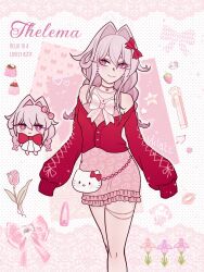  bare_shoulders bow bright_pupils character_name feet_out_of_frame female grey_hair hair_between_eyes hair_intakes hairbow hello_kitty hello_kitty_(character) highres honkai_(series) honkai_impact_3rd jacket long_sleeves miniskirt multiple_views off_shoulder pink_skirt purple_eyes red_bow red_jacket sanrio skirt standing thelema_nutriscu vlilacc white_pupils 