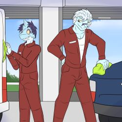  1:1 anthro avalugg bergmite blue_body blue_eyes blue_hair coveralls duo eye_contact fuze generation_6_pokemon hair hi_res looking_at_another male nintendo pokemon pokemon_(species) rag size_difference vehicle white_body white_hair white_undershirt yellow_sclera 