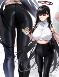  ass bare_arms bare_shoulders black_hair blue_archive blush breasts closed_mouth commentary female food hair_ornament hairclip halo highres holding jewelry large_breasts long_hair multiple_views necklace okitakung red_eyes rio_(blue_archive) sleeveless sleeveless_turtleneck standing symbol-only_commentary thighs turtleneck white_background 